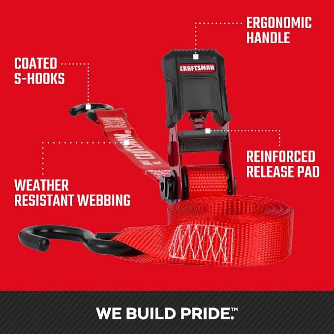CRAFTSMAN CMXAZBS15004 Black/Red 1" x 12' Ratchet Tie Down Straps - Light/Mid-Weight Duty (1500 lb Break Strength), 1 Pack