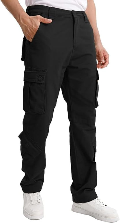 Matchstick Men's Cargo Pants, Cotton 8-Pocket Utility Work Pants, Drawstring Waist Adjustable Hem for Casual, Hiking, Outdoor