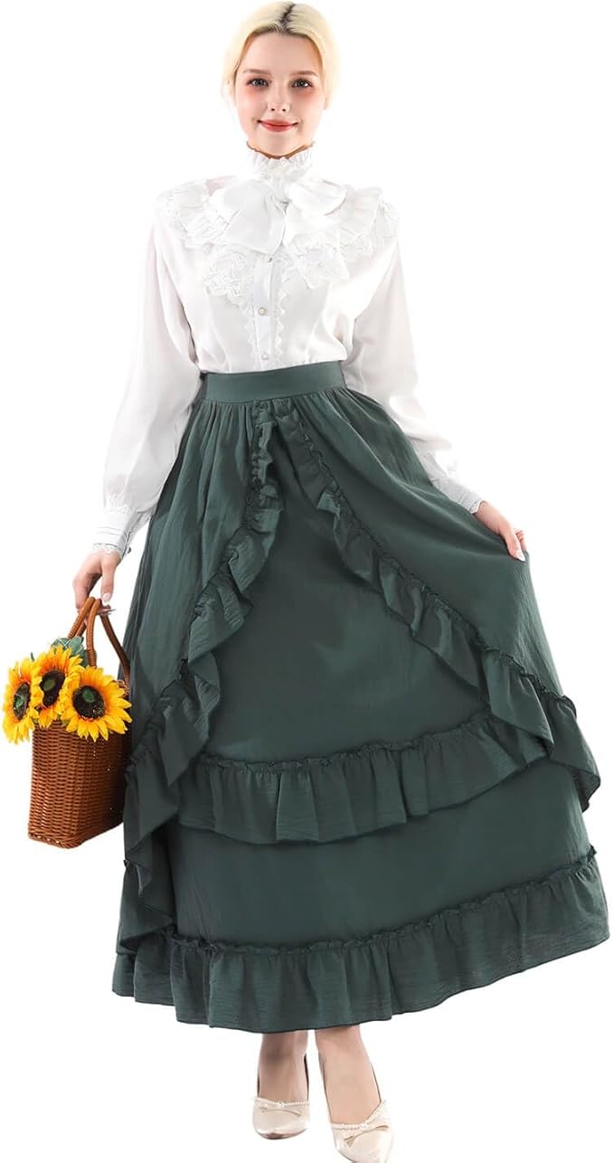 Nuoqi Women Victorian Skirt Double-Layer Maxi Renaissance Skirts Long Skirt