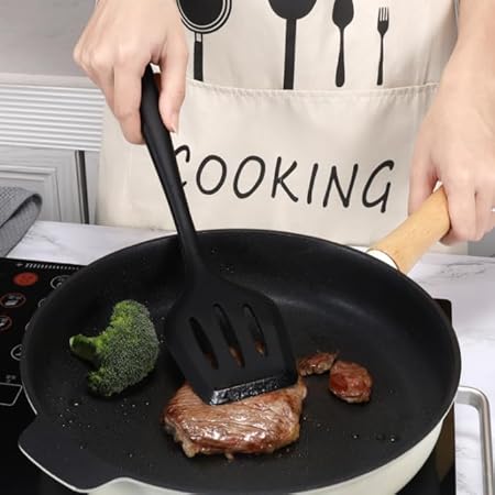 Silicone Cooking Spatulas Turner Slotted Heat Resistant Kitchen Utensils, Non-stick Premium Baking, Cooking, Mixing Tools (Black small)