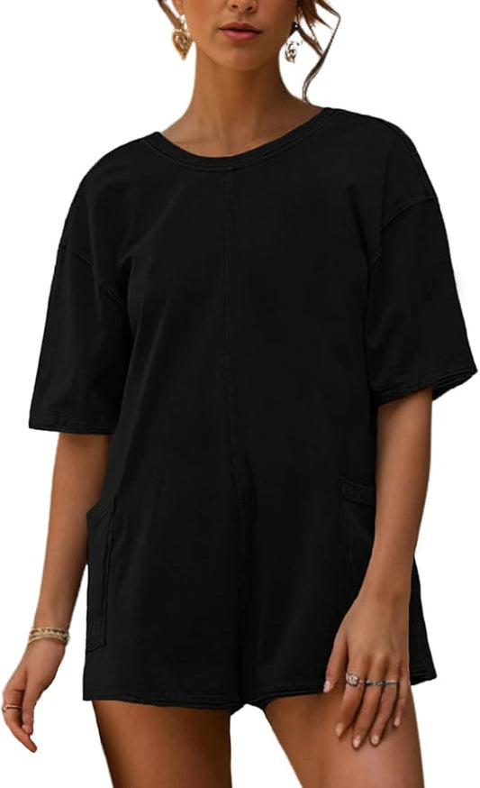AnotherChill Womens Athletic Romper With Pockets Workout Tee Rompers Backless Oversized Onesie Casual Activewear