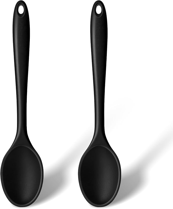 HAKSEN 2PCS Black Silicone Spoons, Heat Resistant Spoons Silicone Cooking Spoon for Kitchen Cooking Serving Baking Stirring