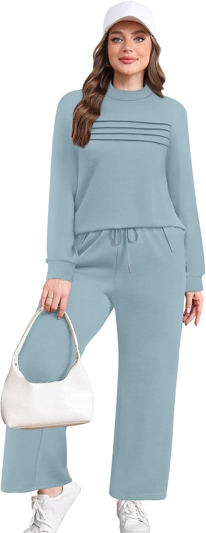 WIHOLL Two Piece Sets for Women Spring Travel Vacation Outfits 2026 Long Sleeve Lounge Sets Side Slit Wide Leg Pants S-3XL.