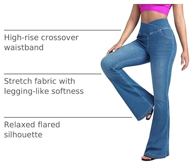 BlueRose Flare Jean for Women,Bell Bottom Jeans for Women Knit Crossover High Waisted Bootcut Jean