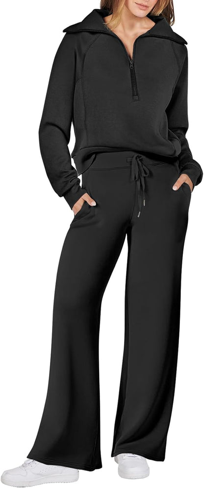 This cozy 2-piece sweatsuit set features an oversized sweatshirt and wide-leg sweatpants for a comfortable, stylish look.