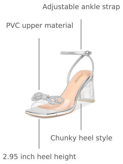 ISNOM Clear Heels for Women with Square Toe, Wedding Heels with Bow | Chunky Heels, Sparkly Heels, PVC, Party, Festive, Gift, Paired with Daily Wear, Wearing It All Day