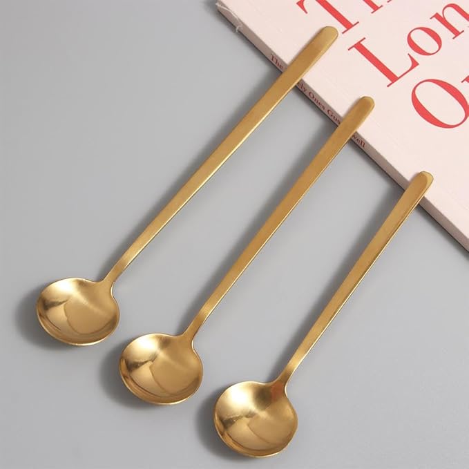 Stainless Steel Serving Spoon Coffee Spoon Dessert Spoon Ice Cream Stirring Scoop Catering Spoons Long Handle Spoon Tea Spoons(M,Gold)