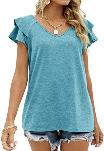 Womens Summer Tops Ruffle Short Sleeve V Neck Casual Tshirts Flounce Sleeve Tees