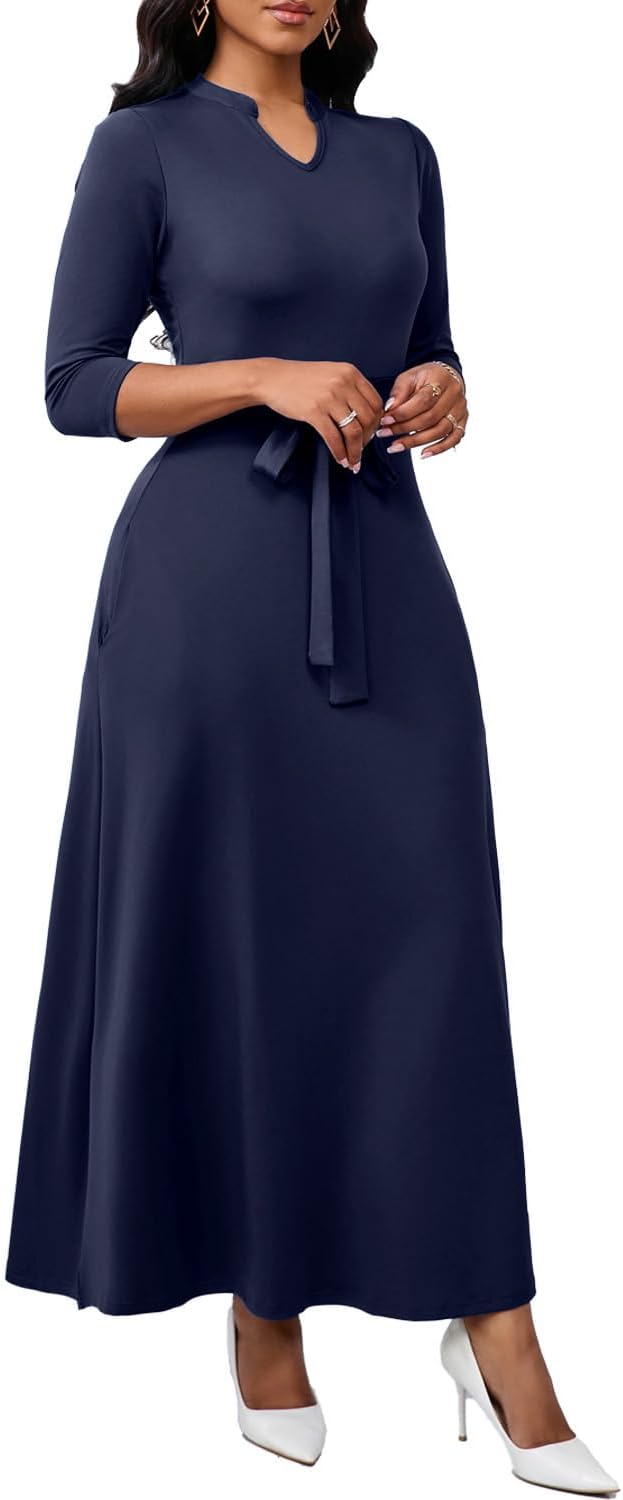 BubFee Maxi Dresses for Women Semi Formal Long Dress 3/4 Sleeve Casual A-line Church Dresses with Pockets