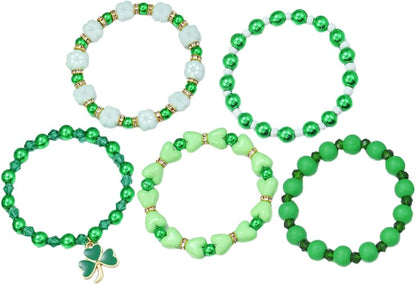 Garneck 5Pcs St Patrick's Day Jewelry Set - Green Beaded Stretch Bracelets with Shamrock Charms - Accessories for Celebrations Parties and Holiday Festivities