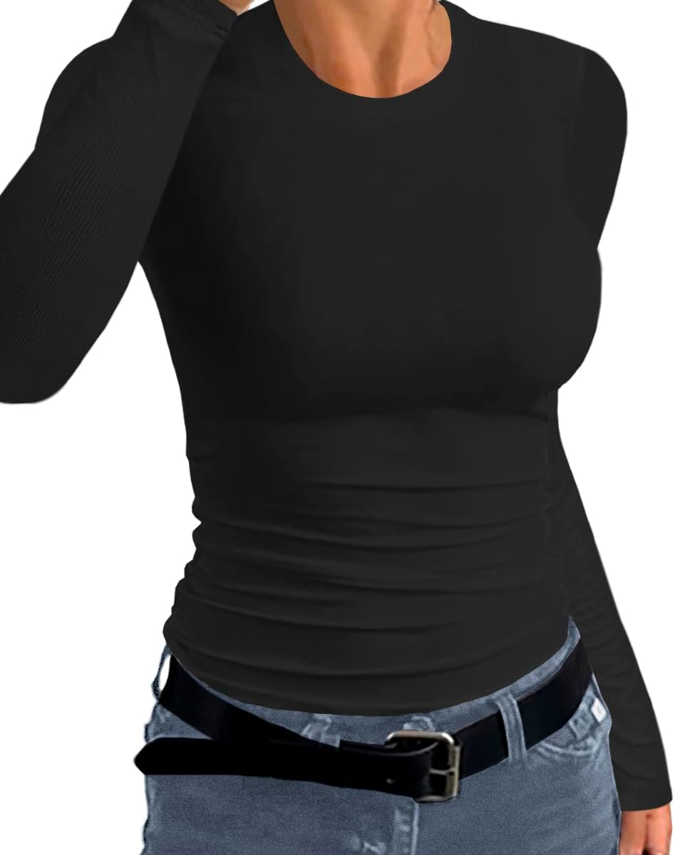 Afibi Women Ribbed Long Sleeve Crew Neck Slim Fit Stretchy Basic T Shirts Tops