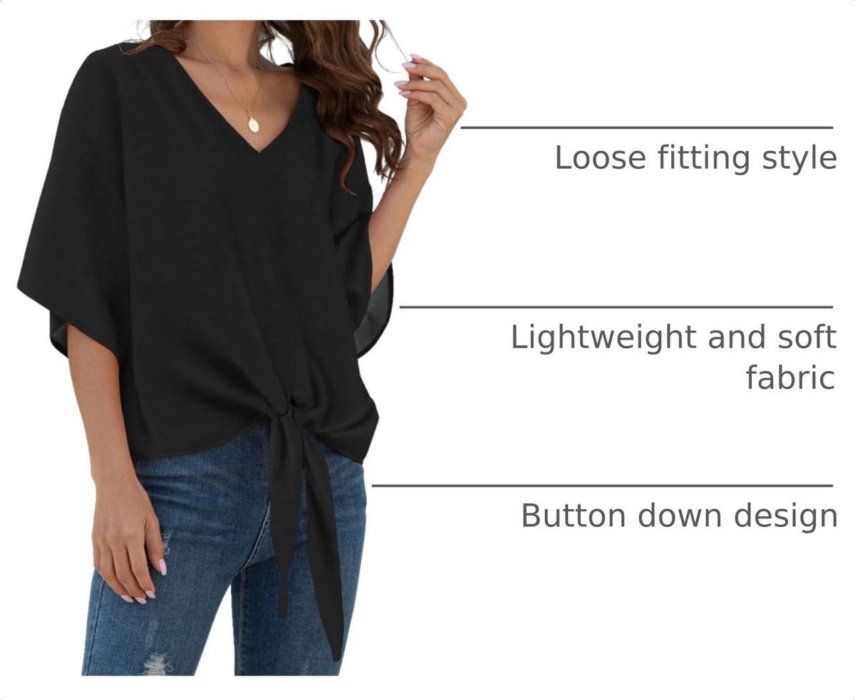 VIISHOW Womens Tie Front Chiffon Blouses V Neck Batwing Short Sleeve Summer Tops Shirts Cropped Top