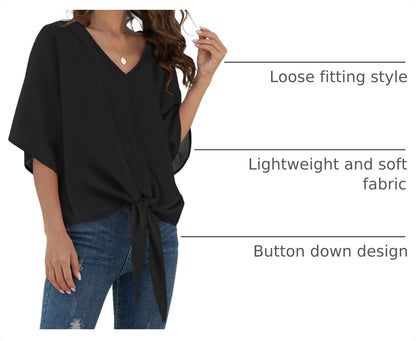 VIISHOW Womens Tie Front Chiffon Blouses V Neck Batwing Short Sleeve Summer Tops Shirts Cropped Top