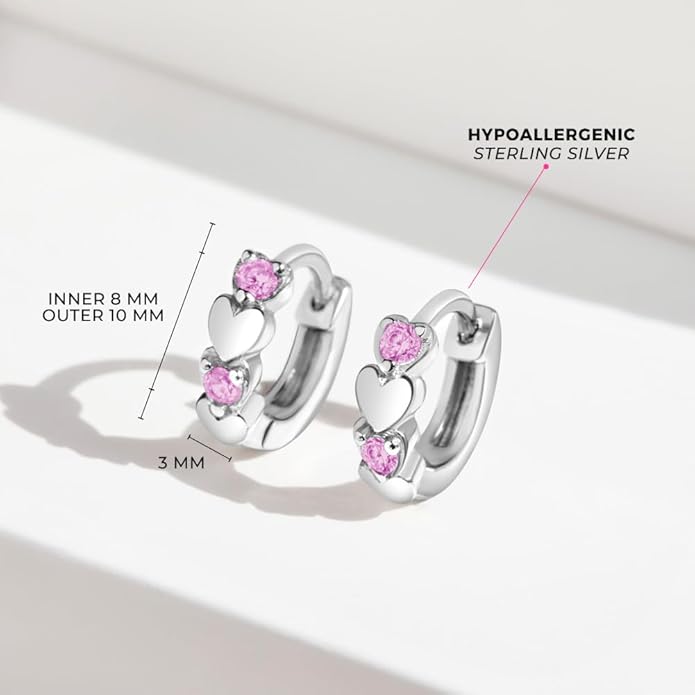 925 Sterling Silver Shining Cubic Zirconia Heart Huggie Hoop Earrings for Toddlers  Little Girls - Beautiful Heart Themed Jewelry Gift - Fashionable Earrings