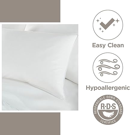 DOWNLITE Flat  Soft Down Pillow  Hypoallergenic Premium Down (Not Feathers)  Standard Size, 20 x 26