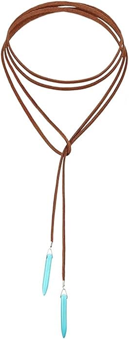 Boho Feather Turquoise Leather Choker Necklace for Women Bohemian Handmade Leaf Layered Black Brown Suede Cowgirl Cowboy Necklace for Western Style Country Party Trendy Jewelry Gifts (Long brown necklace)