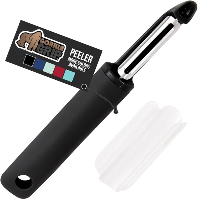 Gorilla Grip Sharp Stainless Steel Swivel Vegetable Peeler, Comfortable Handle, Dishwasher Safe, Potato Peelers for Kitchen, Smooth Peeling, Peel Veggies, Apple, Corn, Includes Blade Guard, Black
