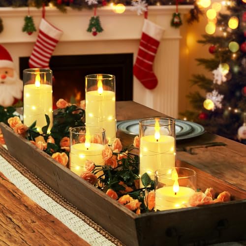 Homemory Flameless Candles with Embedded Star String Fairy Lights, Battery Operated Candles, LED Candle, Fake Candles with Remote Control and Timer, Ivory, Set of 6(H 4 5" 6" 6" 8" 8")"