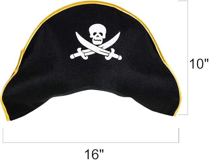 ArtCreativity Pirate Felt Hat for Kids, 1PC, Pirate Costume Hat with Skull and Cross Sword Design, Costume Prop for Halloween, Dress Up Parties, and Photo Booth, Black, White, and Gold