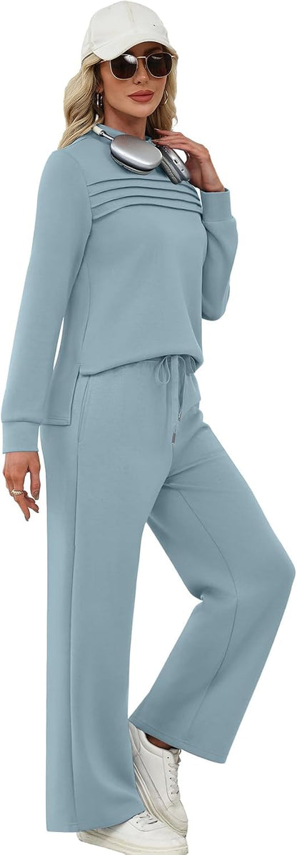 WIHOLL Two Piece Sets for Women Spring Travel Vacation Outfits 2026 Long Sleeve Lounge Sets Side Slit Wide Leg Pants S-3XL.