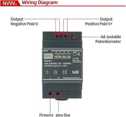 HDR-60-24 Ultra Slim Step-Shape 3SU DIN Rail Power Supply, 24Volt 2.5Amp 60Watt