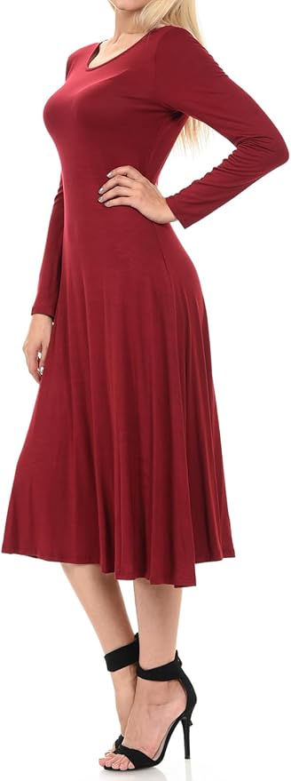 iconic luxe Women's Long Sleeve A-Line Fit and Flare Midi Dress Formal Casual