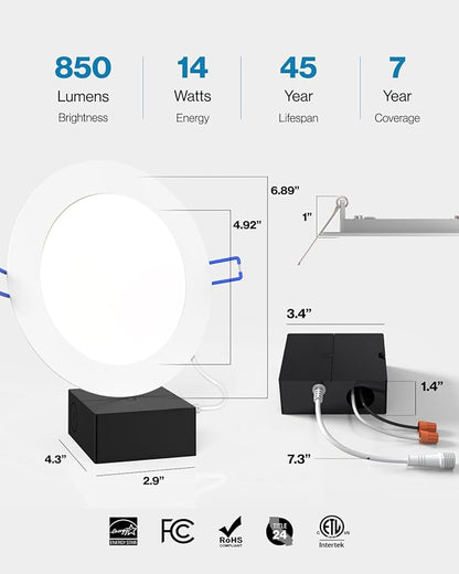 Sunco 2 Pack 6 Inch Ultra Thin LED Recessed Ceiling Lights, 5000K Daylight, Dimmable, 14W, Wafer Thin, Canless with Junction Box