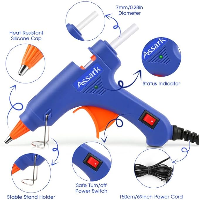 Hot Glue Gun Kit with 30 Glue Sticks(130mm x 7mm), Fast Preheating Hot Melt, High Temp for School Crafts DIY Arts and Quick Home Repairs, 20W Blue