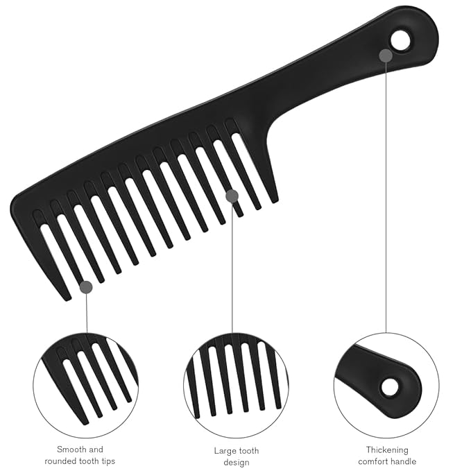 Wide Tooth Anti-Knotting Comb - Anti-Static and Durable, Suitable for Wet or Dry, Long or Short Hair, Reduces Tangling and Hair Loss (Black)