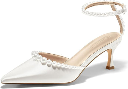 Coutgo Womens Pearl Kitten Heels Closed Pointed Toe Wedding Bride Dress Shoes Ankle Strap Satin Pumps