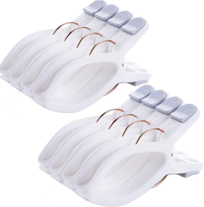 Pack of 8 beach towel clips for beach chairs, white jumbo size towel clips, pool chairs, plastic clothes hanging clips, clip clamps for