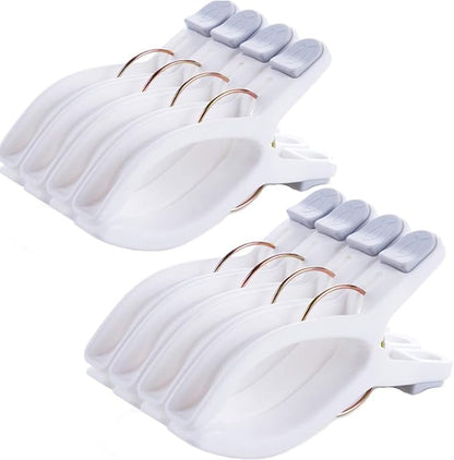 Pack of 8 beach towel clips for beach chairs, white jumbo size towel clips, pool chairs, plastic clothes hanging clips, clip clamps for