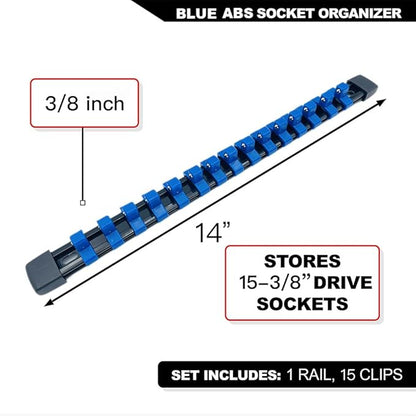 3/8-Inch Drive ABS Socket Organizer, Heavy Duty Socket Racks, Socket Holder Kit 3/8-Inch x 15 Clips Premium Quality Socket Clip Rail Holder(3/8-Blue)