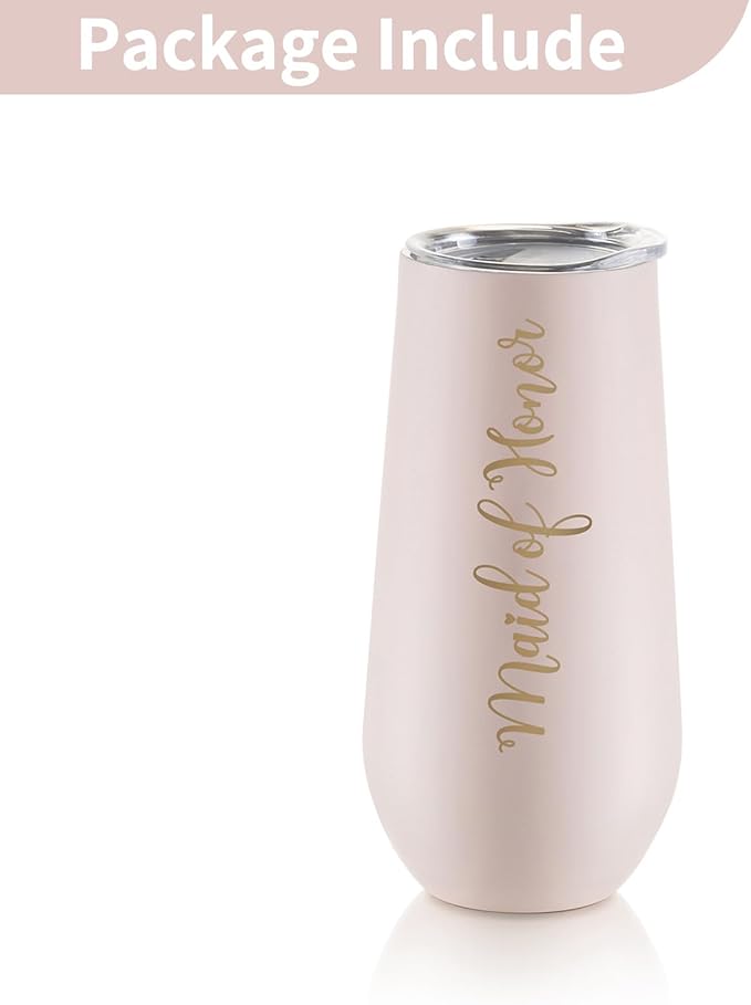 NUPTIO Maid of Honor Proposal Gifts: Pink Tumbler Stemless Champagne Flute Stainless Steel Wine Cups Bachelorette Party Supplies Bridal Shower Engagement Wedding Favors 6oz