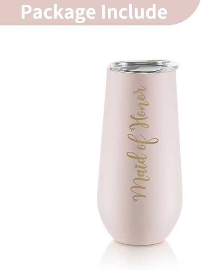 NUPTIO Maid of Honor Proposal Gifts: Pink Tumbler Stemless Champagne Flute Stainless Steel Wine Cups Bachelorette Party Supplies Bridal Shower Engagement Wedding Favors 6oz