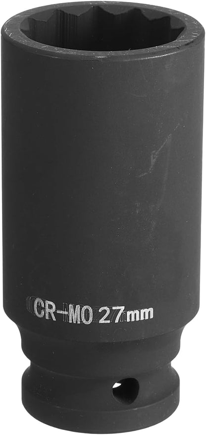 HARFINGTON 12-Point Deep Impact Socket 12 Inch Drive 27mm Metric Chrome Molybdenum Alloy Steel Spindle Axle Nut Impact Socket