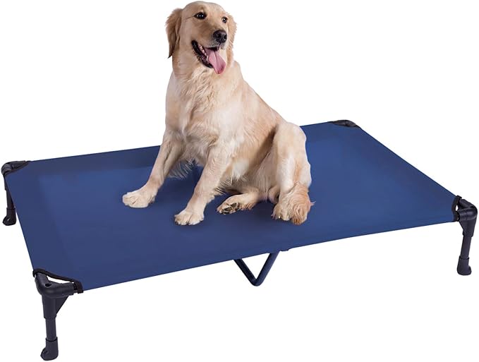 Veehoo Outdoor Elevated Dog Cot Bed, Cooling Raised Pet Bed for X-Large Dog, Washable Breathable Mesh Hammock Bed with No-Slip Feet, Indestructible Ground Off Training Platform Cot-49"x33" Blue