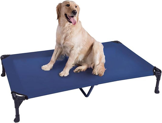 Veehoo Outdoor Elevated Dog Cot Bed, Cooling Raised Pet Bed for X-Large Dog, Washable Breathable Mesh Hammock Bed with No-Slip Feet, Indestructible Ground Off Training Platform Cot-49"x33" Blue