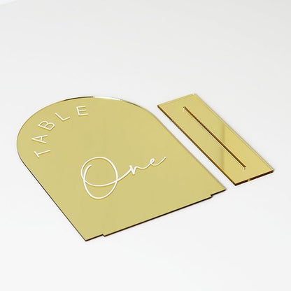 Gold Mirror Arch Wedding Table Numbers 1-25 with Stands, 5x7 Inch Acrylic Arch Sign with Holder, Gold Mirror Arched Acrylic Table Numbers for Wedding Reception(1-25, 5"x7")