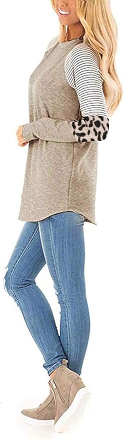 Leopard Print Tops for Women Long Sleeve Crew Neck Patchwork T Shirt Blouse
