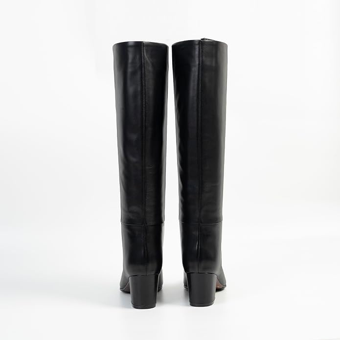 PECHORL Genuine Leather Knee High Boot Pointed Toe Chunky Heel | Classic Fashion Long Tall Boots Wide Calf Pull On Pointed Toe Block Heeled Elegant Comfortable Party Dress Shoes
