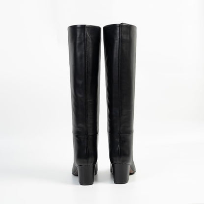 PECHORL Genuine Leather Knee High Boot Pointed Toe Chunky Heel | Classic Fashion Long Tall Boots Wide Calf Pull On Pointed Toe Block Heeled Elegant Comfortable Party Dress Shoes
