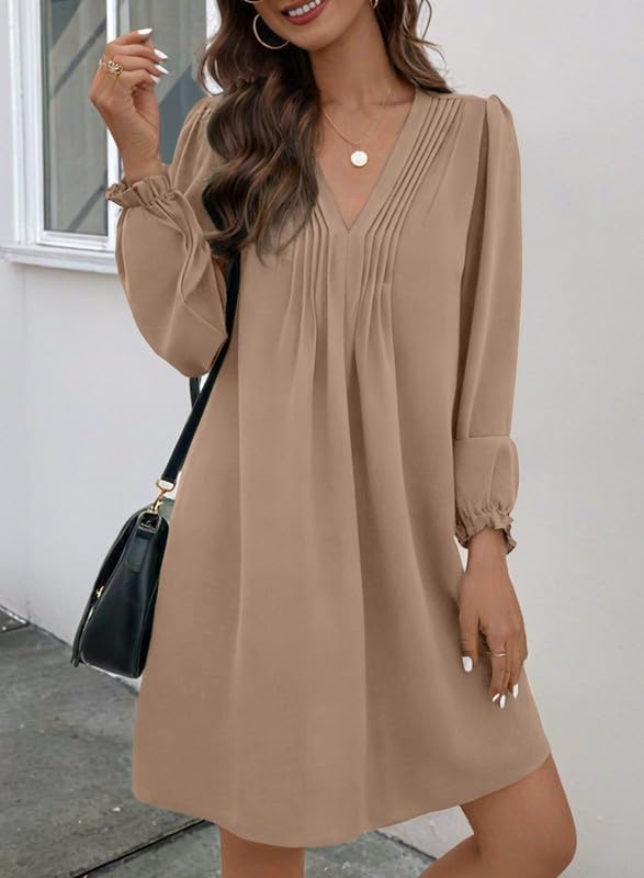 Dokotoo Womens Casual Dress A-Line Ruffle Sleeve V Neck Midi Dress 2025 Fashion Pleated Flowy Sundress Loose Shirt Dresses