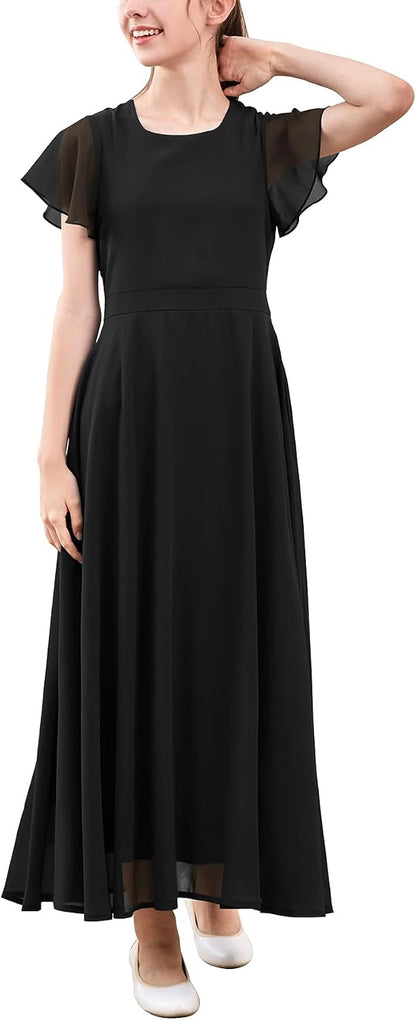 Soft, breathable polyester dress with A-line silhouette and ruffle sleeves, perfect for formal occasions.
