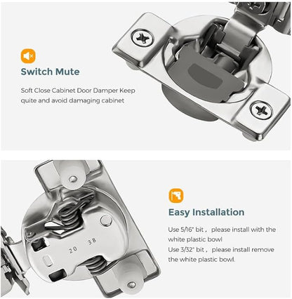 2 Pack 1 Pair 1-14 inch Overlay Soft Close Cabinet Hinges for Kitchen, Stainless Steel Three-Way Adjustable, Concealed Self-Closing Door Hinges