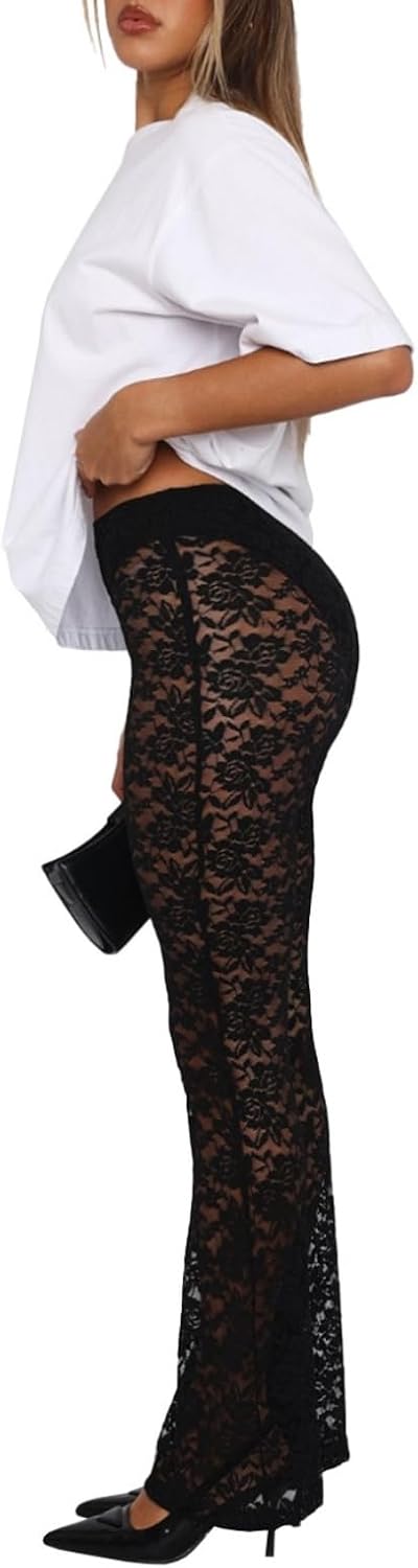 Lace Flare Pants for Women - Sexy See Through Mid-Waist Bell Bottom Leggings Trousers Party Clubwear