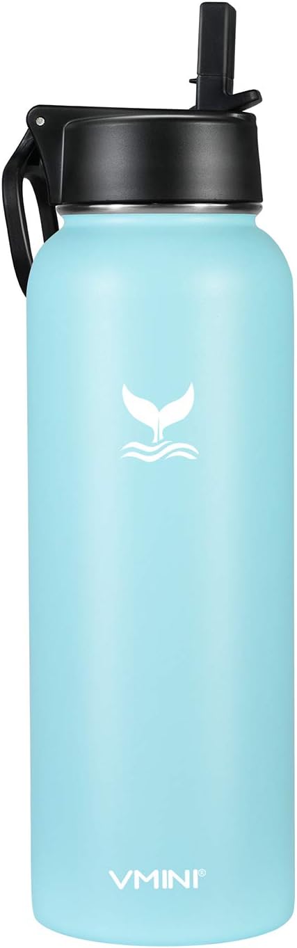 Vmini Water Bottle with Straw, Wide Rotating Handle Straw Lid, Wide Mouth Vacuum Insulated Stainless Steel Water Bottle, Nattier Blue, 40 oz