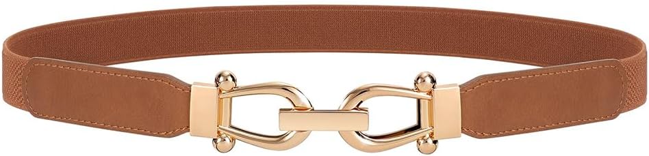 Women Stretchy Waist Belt with Gold Buckle, Retro Elastic Skinny Belt for Ladies, Adjustable and Comfortable Fit