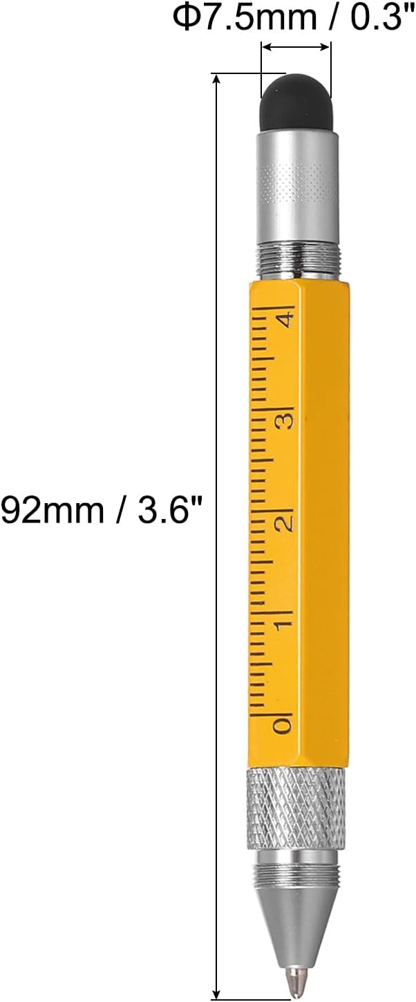 MECCANIXITY 6 in 1 Metallic Stylus Pen Aluminum Alloy Mini Capacitive Pens with Ballpoint Pen, Ruler, Screwdriver, Stylus, Keychain for Men and Women,Yellow