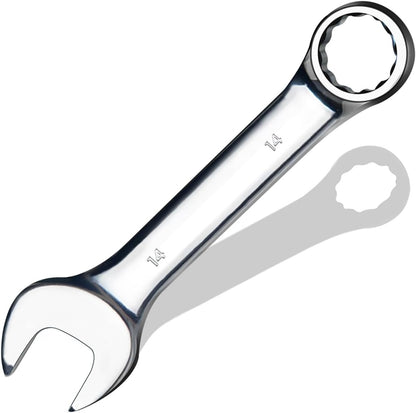 14 mm Metric Stubby Combination Wrench, CR-V Steel with Mirror Polish, 12-Point Design, 15-Degree Offset, Perfect for Auto Repair, Household, Car & Truck Emergency